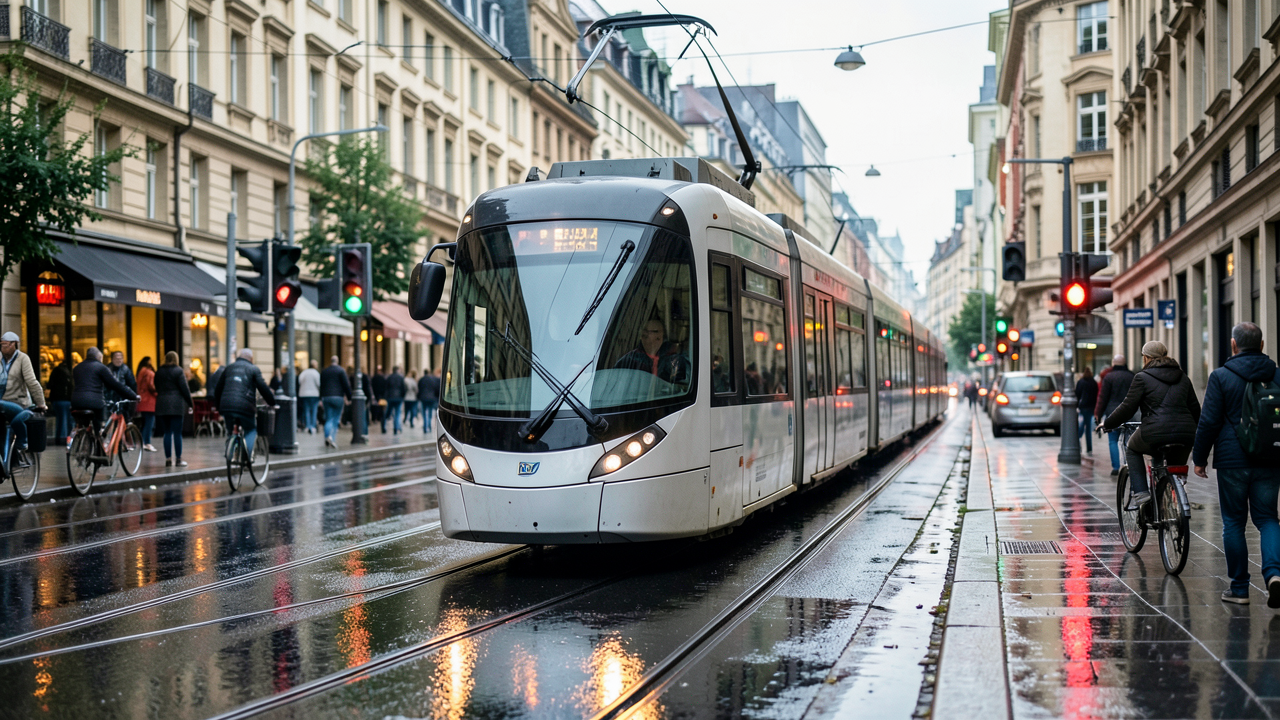 Tramway électrique moderne circulant dans une rue urbaine animée, avec des passagers, des cyclistes et des piétons, ainsi que des feux de circulation et des reflets sur chaussée humide.